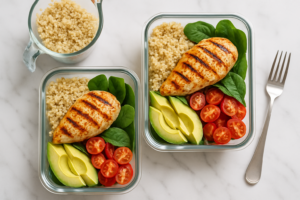 Deux boîtes repas préparées avec poulet grillé, quinoa, avocat et tomates cerises