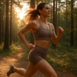 Coureuse en brassière et short de running sur un sentier forestier au soleil couchant