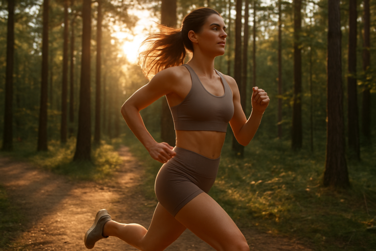 Coureuse en brassière et short de running sur un sentier forestier au soleil couchant